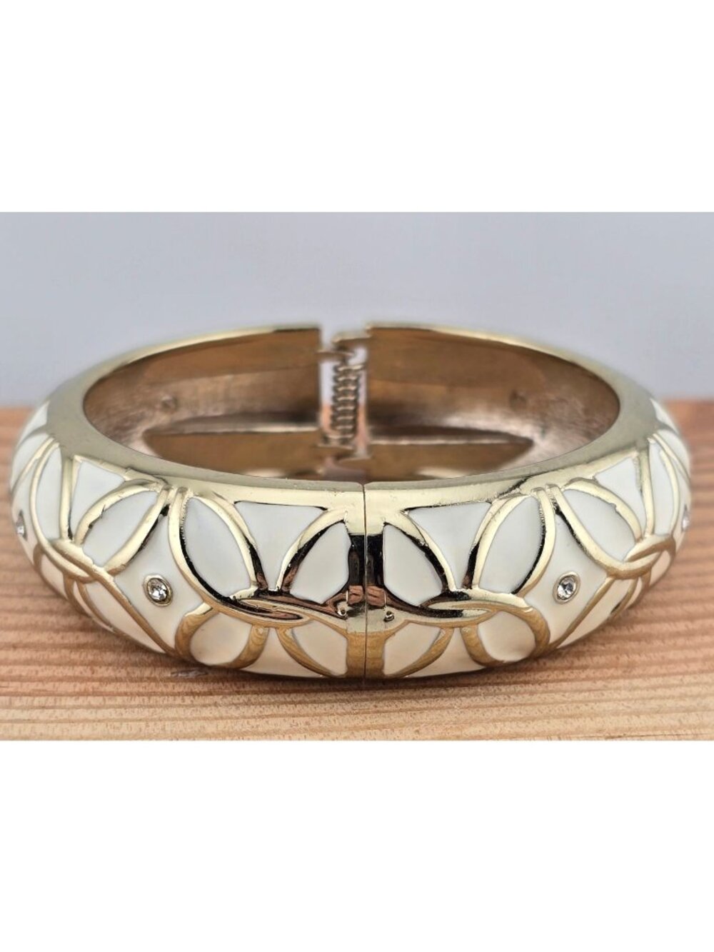Sequin Gold and White Hinged Bangle Bracelet  6.75" - Picture 3 of 6